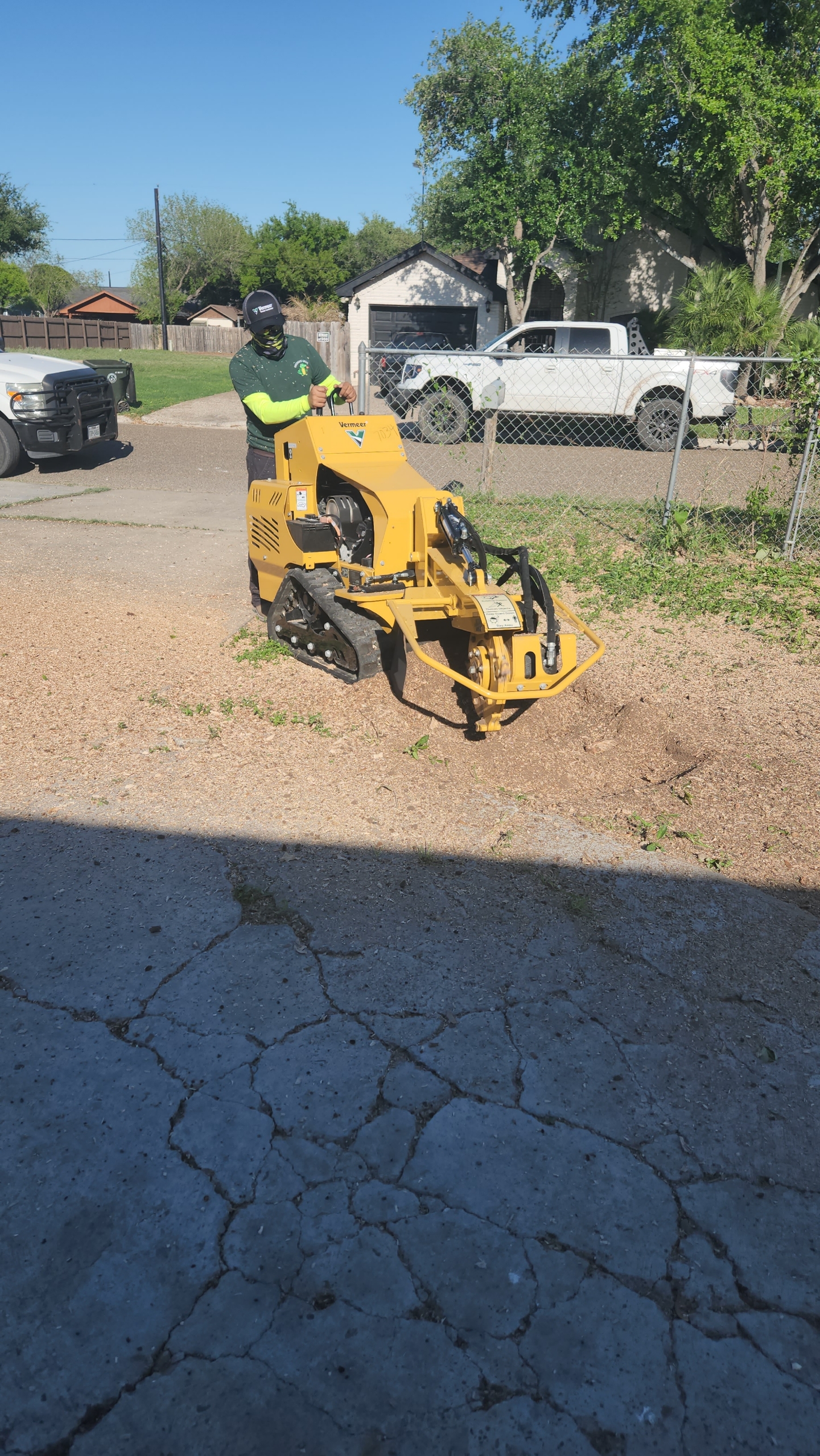 Professional stump grinding service showing our expert operator using state-of-the-art equipment with proper safety gear
